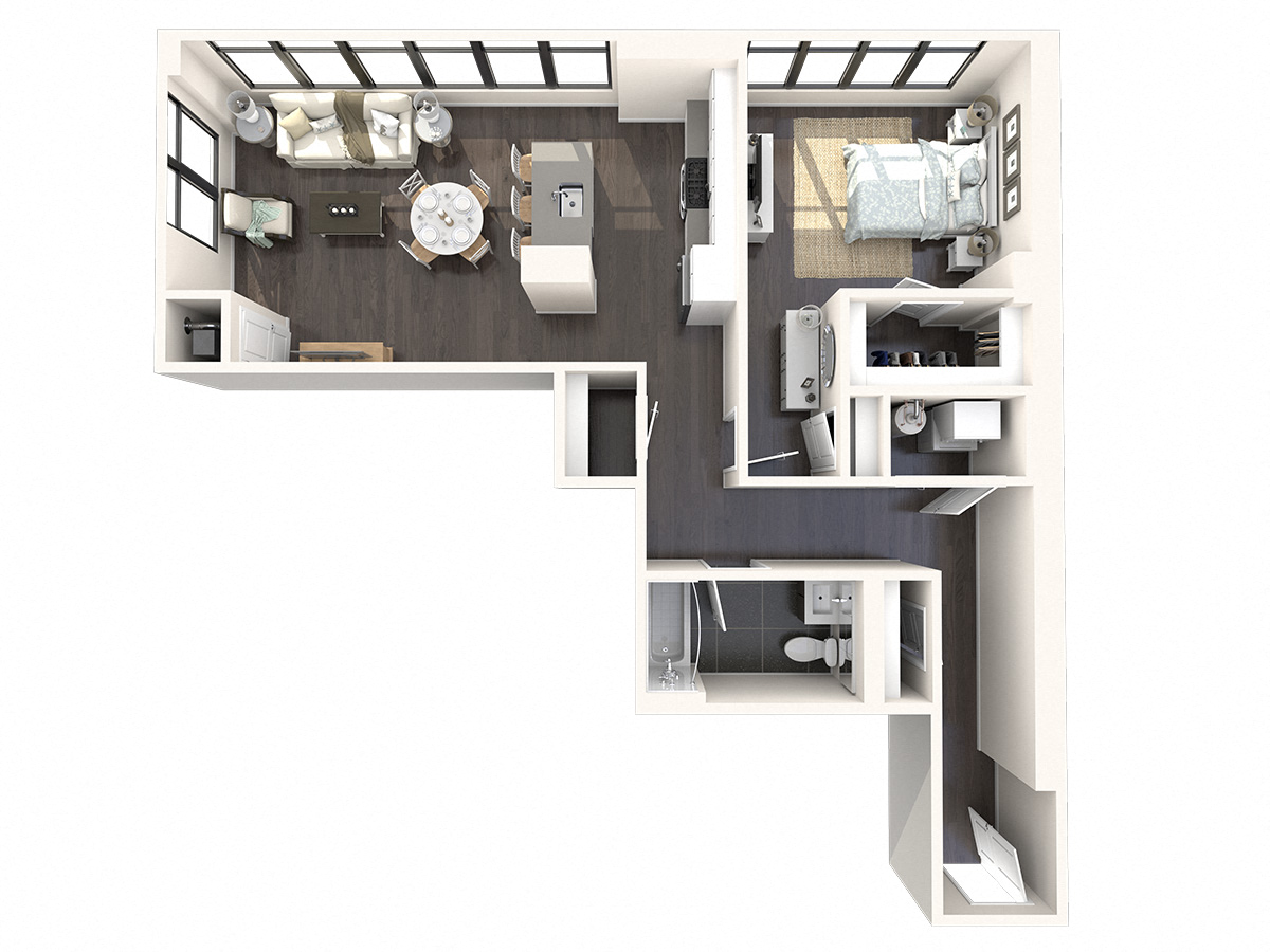 Floor plan for 1 bed, 1 bath, 956 sqft